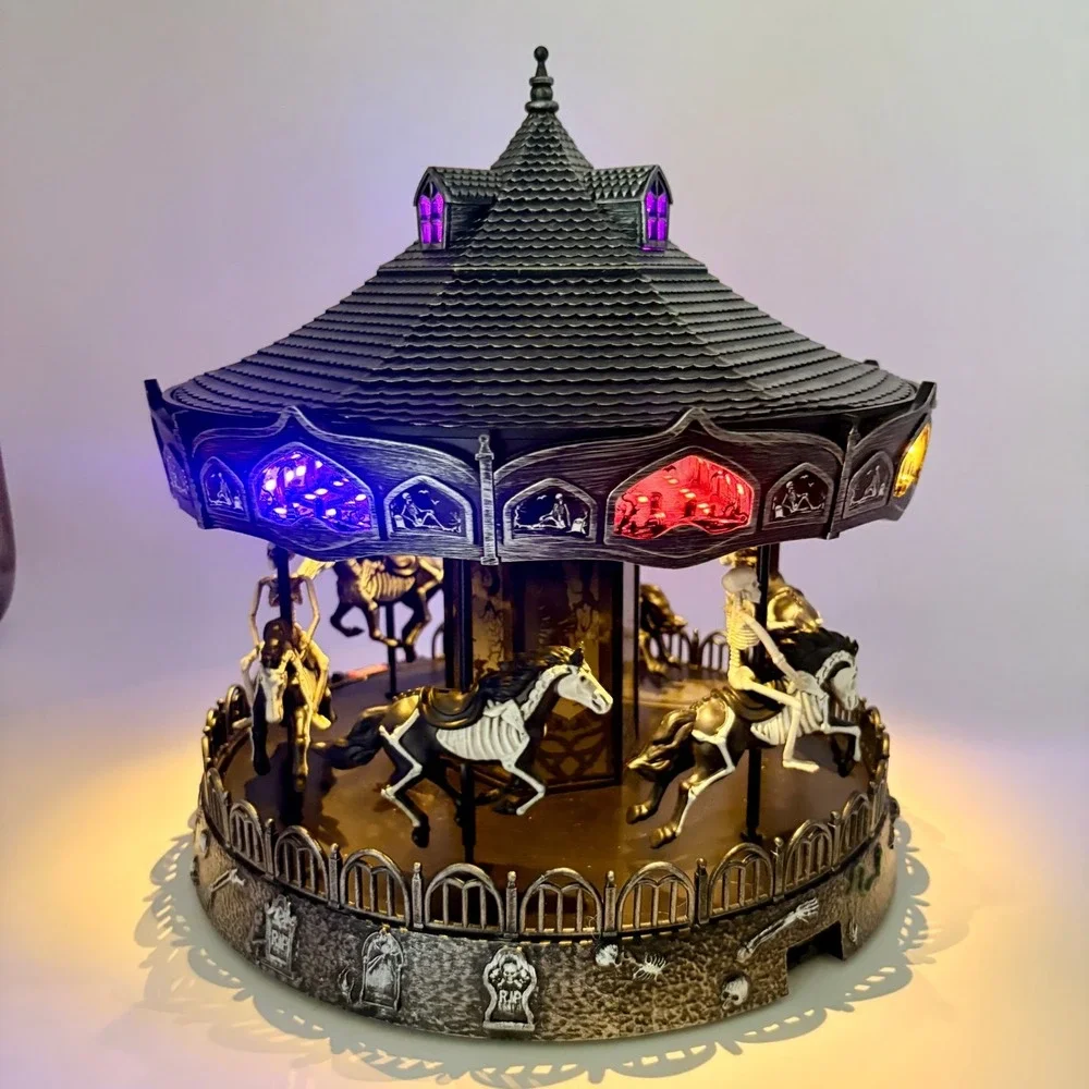 Toil and Trouble Halloween Carousel LED Light Up Rotating Spooky Gothic Decor